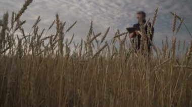 İşadamı akıllı telefondan tarım uygulamasının yardımıyla çalışıyor..