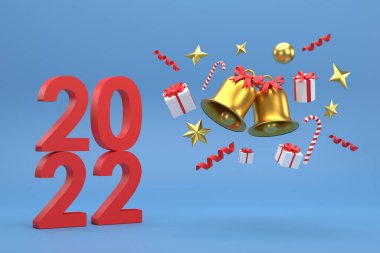 Üç boyutlu. 2022 Noel çanı ve hediye kutusu mavi bir arka planda Noel kutlaması.