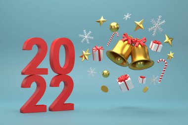 Üç boyutlu. 2022 Noel kutlamaları, çanlardan, hediye kutularından, açık mavi arka planda kar tanelerinden oluşur..