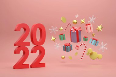 Üç boyutlu. 2022 Hediye Kutuları ve Altın Toplar Kırmızı arka planda Noel kutlamaları.