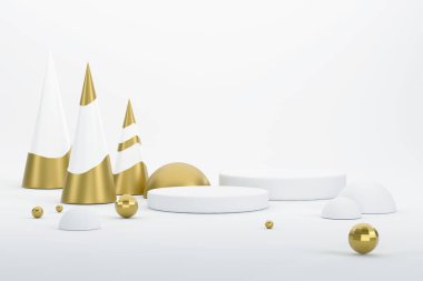 Üç boyutlu. Altın Noel ağacı ve Noel festivalinde ürünleri sergilemek için podyum.