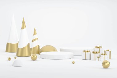 Üç boyutlu. Altın Noel ağacı ve Noel 'de ürünleri sergilemek için podyum.