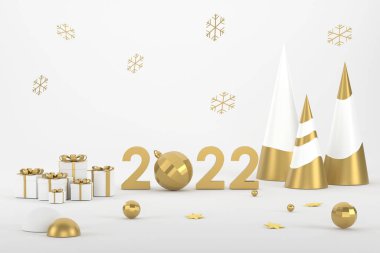 Üç boyutlu. 2022 Altın Noel ağacı, balon ve Noel festivalinde ürünleri sergilemek için podyum.