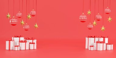 Üç boyutlu. Kırmızı Noel balosu ve altın yıldızlar beyaz arka planda Noel festivalinde.