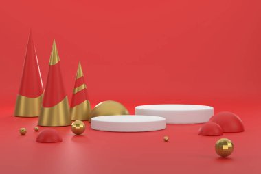 Üç boyutlu. Noel festivalinde ürünleri sergilemek için altın ve kırmızı Noel ağacı ve podyum.