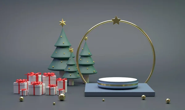 3D. The circular podium near a ring with stars, photo frame, Christmas tree and gift box.