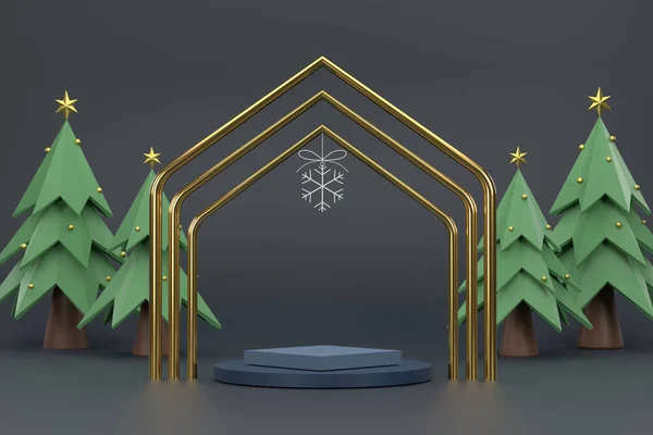 Ein Kreisrundes Podium Neben Einem Ring Mit Sternen Fotorahmen Weihnachtsbaum — Stockfoto