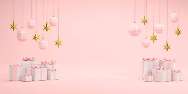 3Dだ ピンクのクリスマスボールと白い背景のクリスマスフェスティバルの黄金の星 — ストック写真