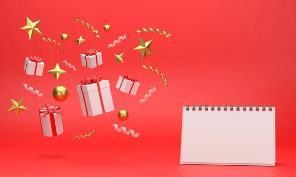 3Dだ カレンダーギフトボックスと金色のボール青い背景のクリスマスのお祝い — ストック写真