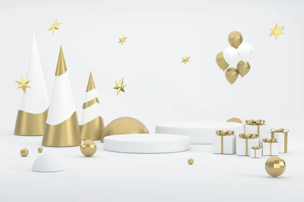 Üç boyutlu. Altın Noel ağacı, balon ve Noel festivalinde ürünlerin sergilenmesi için podyum.