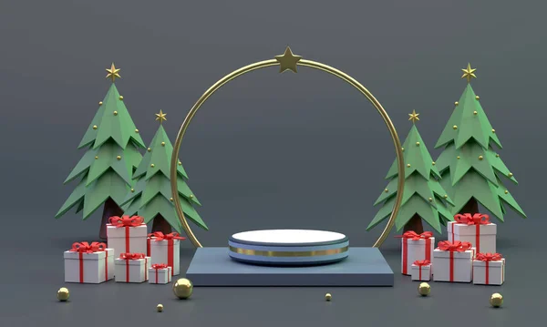 在星环 圣诞树和礼品盒旁边的圆形讲台 — 图库照片