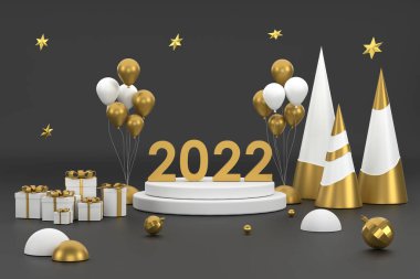 Üç boyutlu. 2022 Altın Noel ağacı balonu ve Noel festivalinde ürünleri sergilemek için podyum. siyah arkaplan