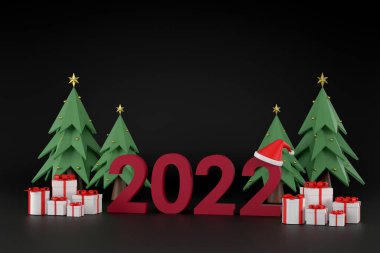 Üç boyutlu. 2022 yazı tipi, Noel Baba şapkası, hediye kutusu, Noel ve yeni yılda siyah bir arka planda Noel ağacı