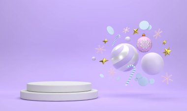 Üç boyutlu. Yeni yıl ve noel partileri için podyum. Kurdeleler, hediye kutuları, kar taneleri.