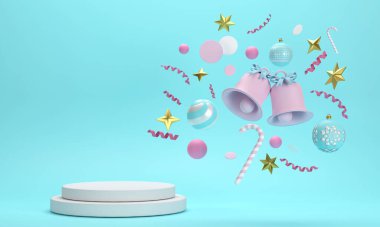 Üç boyutlu. Yeni yıl ve noel partileri için podyum çanları. Kurdeleler, hediye kutuları.