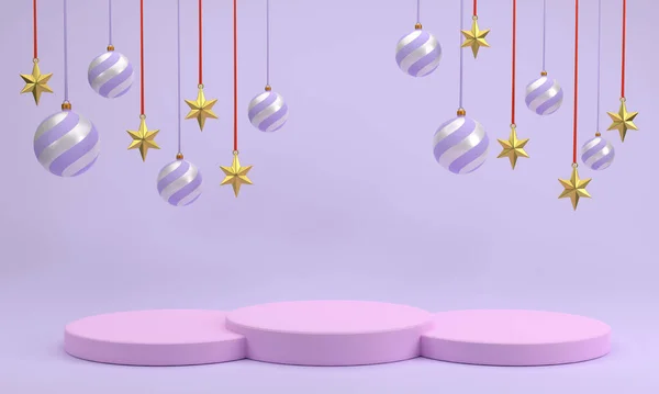 3Dだ 表彰台のためのピンク 白い背景のクリスマスフェスティバルのクリスマスボールと黄金の星 — ストック写真
