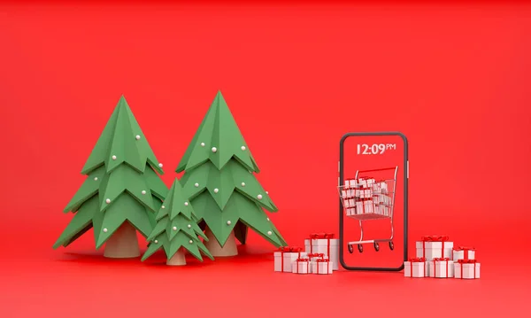 3Dだ ギフトボックスでいっぱいのスーパーマーケットのカートをオンラインショッピング クリスマスのモバイル画面から — ストック写真