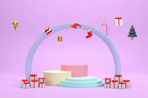 3Dだ ピンクの背景にぶら下がっている表彰台クリスマスの装飾 — ストック写真