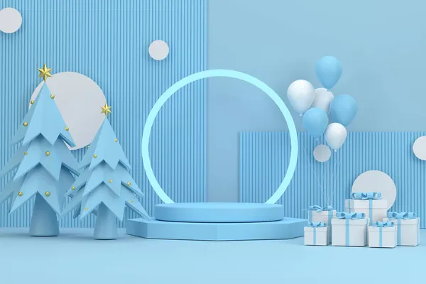 3Dだ クリスマス フェスティバルでは青い背景の後ろに輪がある表彰台と風船 — ストック写真