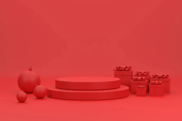 Een Rood Podium Kerstballen Geschenkdozen Voor Show Product Het Kerstfeest — Stockfoto