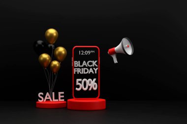 Üç boyutlu. Siyah arka planda balonlar ve megafonlarla Kara Cuma promosyonu