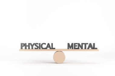 Üç boyutlu. Fiziksel ve zihinsel sözcükler tahtadan tahterevalli beyaz arka grubunda dengeleniyor.