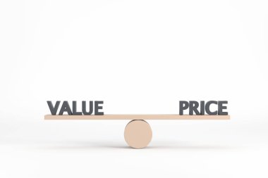 Üç boyutlu. Beyaz arkaplanda dengelenen tahtadan tahtadan tahterevallinin kelime değeri ve fiyatı