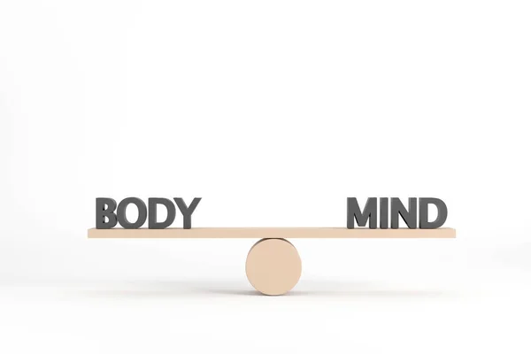 3D. words body and mind on wooden seesaw balancing on white backgroun