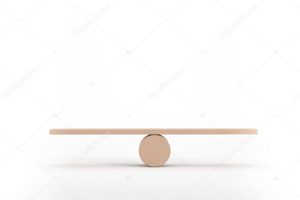 3D. Balance concept, board on wooden top hat like balance isolated on white background.