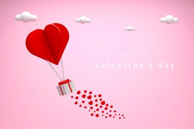 Üç boyutlu. Gökyüzünde yüzen kalp balonlu hediye kutuları, Sevgililer Günü afişleri, kağıt sanat tarzı.