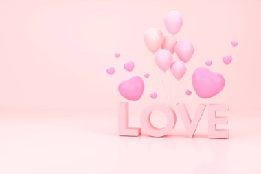 Üç boyutlu. Pembe aşk, balonlar ve pembe arka planı olan kalp. Sevgililer Günü konsepti.
