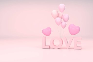 Üç boyutlu. Pembe aşk, balonlar ve pembe arka planı olan kalp. Sevgililer Günü konsepti.