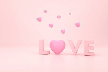 Üç boyutlu. Pembe kalp ve pembe arka planda pembe aşk. Sevgililer Günü konsepti