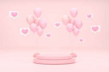 Üç boyutlu. Pembe kalp ve bolonlarıyla pembe daire şeklinde bir podyum. Sevgililer Günü konsepti. Ürün için maket gösterimi.