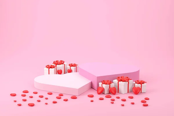 在3D渲染中 为情人节准备了两个心形的论坛 产品展示与情人节的概念 甜蜜的心 — 图库照片