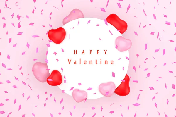 Top View White Circle Podium Red Heart Pink Background Valentine — Stock Photo, Image