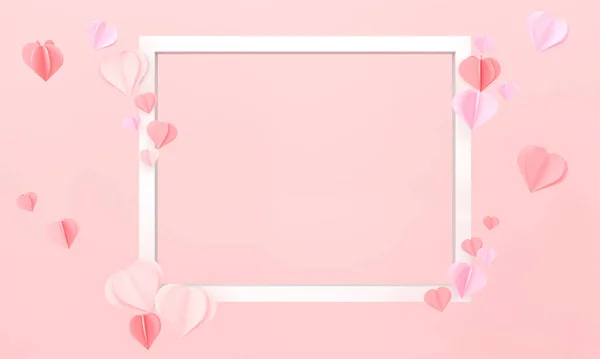 3D. paper heart and  frame with pink background. Valentine\'s day concept.