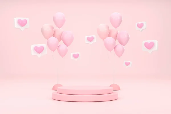 3D. pink circle podium with pink heart and bolloons. Valentine\'s day concept. Mock-up showcase for product.