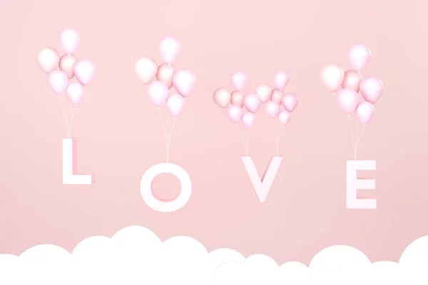 Rosa Liebe Und Luftballons Himmel Rosa Hintergrund Valentinstag Konzept — Stockfoto