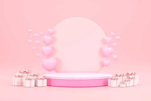 粉色领奖台粉色心形礼品盒粉色背景商业概念展示 — 图库照片