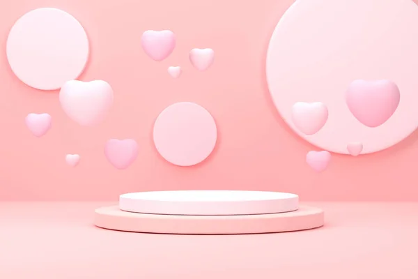 粉色的领奖台粉色的心带着粉色的背景商业概念展示 — 图库照片