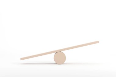 Üç boyutlu. Dengesiz konsept, tahta silindir şapka, beyaz arka planda izole edilmiş dengesizlik gibi.