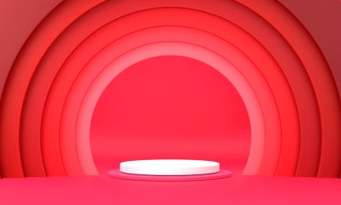 Üç boyutlu. Daire şeklinde bir podyum. Yarı dairesel halka onu kırmızı tonlarla çevreler..