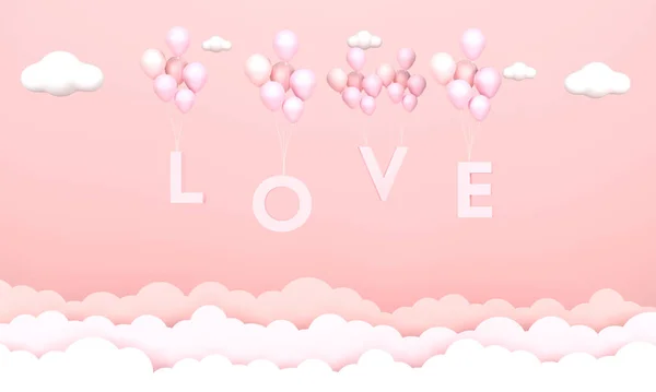 Kolmiulotteinen Vaaleanpunainen Rakkaus Ilmapalloja Taivaalla Vaaleanpunainen Tausta Ystävänpäivä Käsite — kuvapankkivalokuva