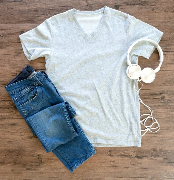 Grey Shirt Jeans Mock Headphone Flat Lay Wooden Background Top — Zdjęcie stockowe