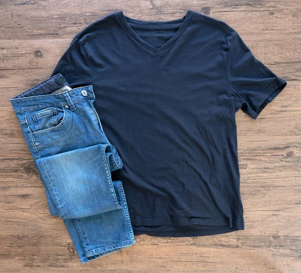 Bluet Shirt Jeans Mock Flat Lay Wooden Background Top Front — Stock fotografie