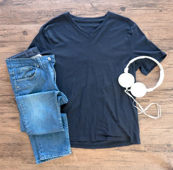 Blue Shirt Jeans Mock Headphone Flat Lay Wooden Background Top — Stock Fotó
