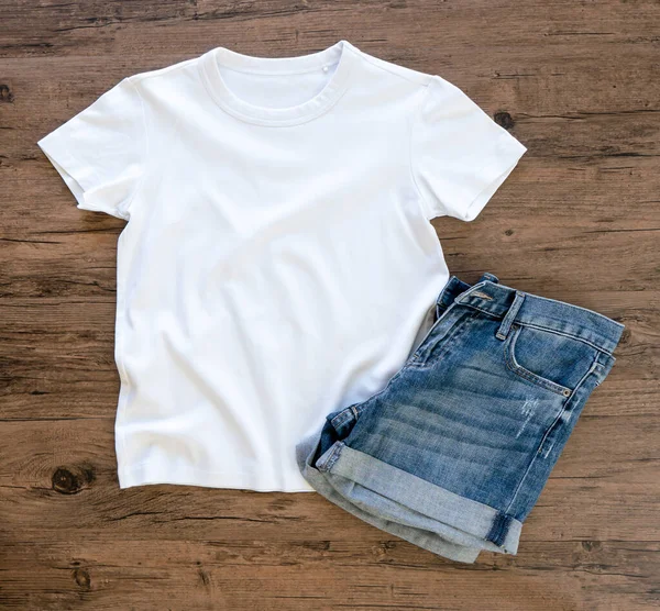 White Shirt Jeans Mock Flat Lay Wooden Background Top Front — Zdjęcie stockowe