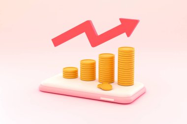 3D. Coins, graph on a mobile phone concept of financial managemen