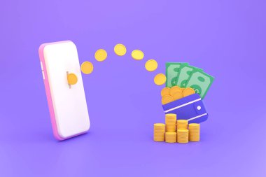 3D. Symbol Spending and Saving Money Online mobile Phone. Business Ideas and Finance